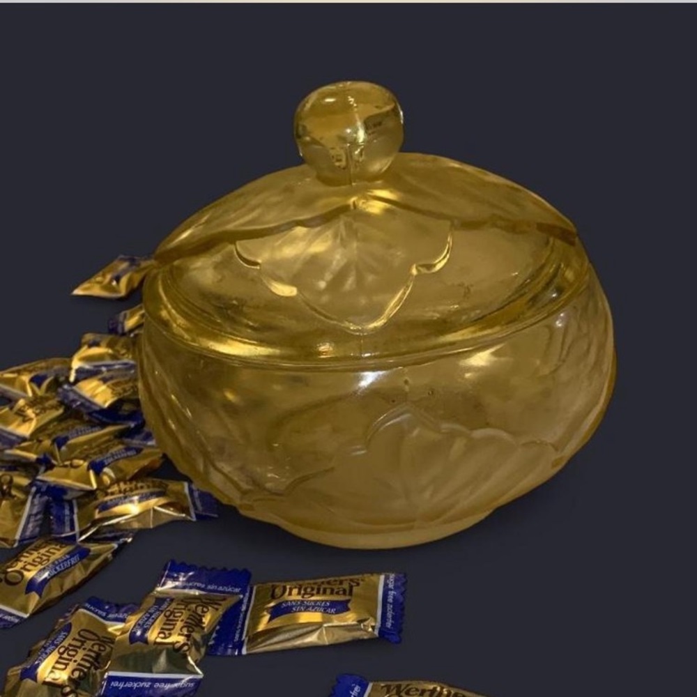 Vintage & Beautiful 1920s Art Deco glass jar with leaf design  amber tint